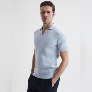 REISS Felix Short Sleeve Open Collar Ribbed Polo Shirt Blue Size XS